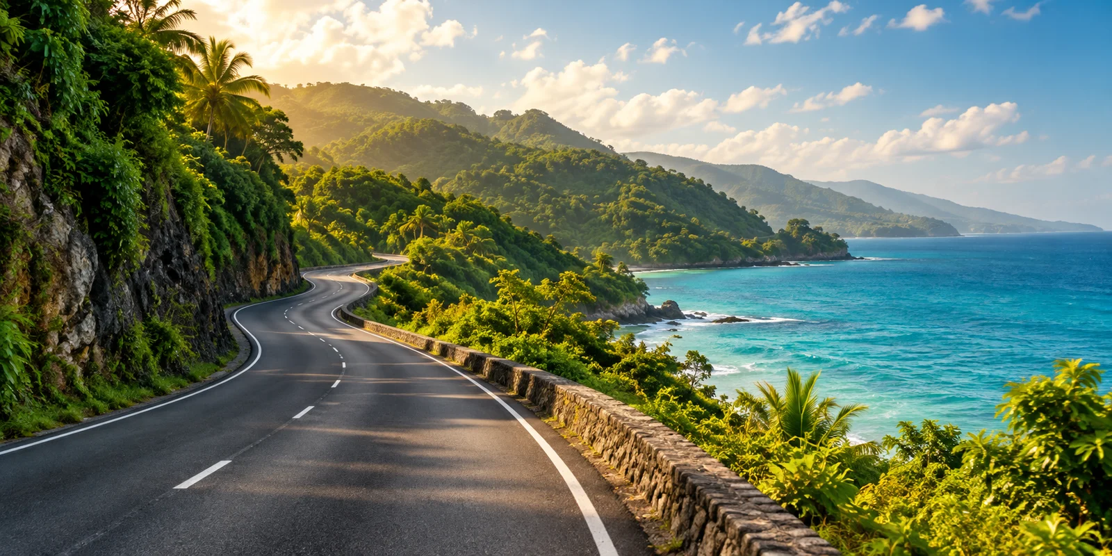 Illustrative Caribbean coastal road with lush hills and turquoise sea